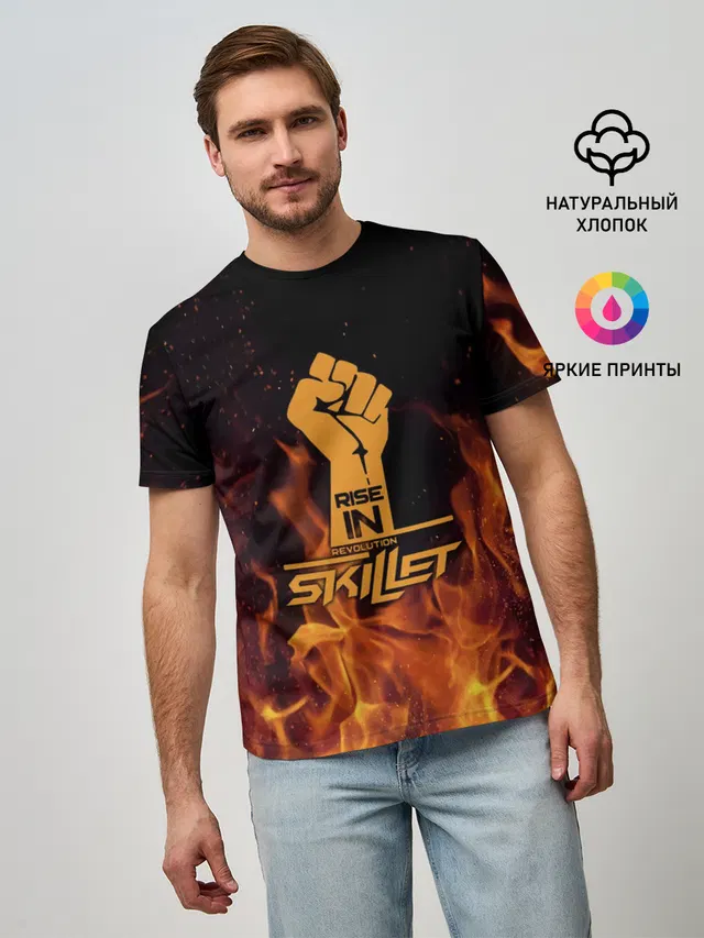 Мужская базовая футболка с принтом «Fire — Rise in revolution - Skillet»