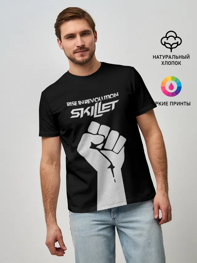 Мужская базовая футболка с принтом «Rise in revolution - Skillet»