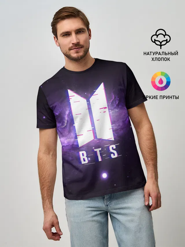 Мужская базовая футболка с принтом «BTS — BTS SPACЕ 3D — БТС КОСМОС»