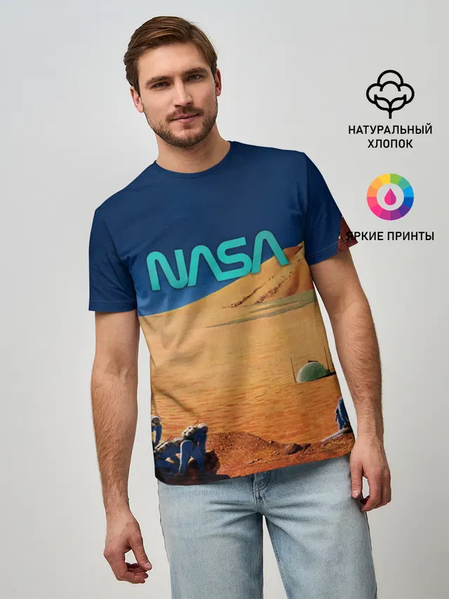 Мужская базовая футболка с принтом «Retro — NASA on Mars»