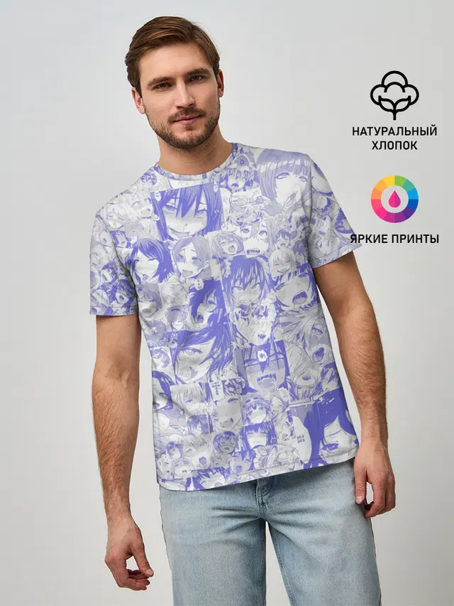 Мужская базовая футболка с принтом «Ahegao — AHEGAO BLUE»