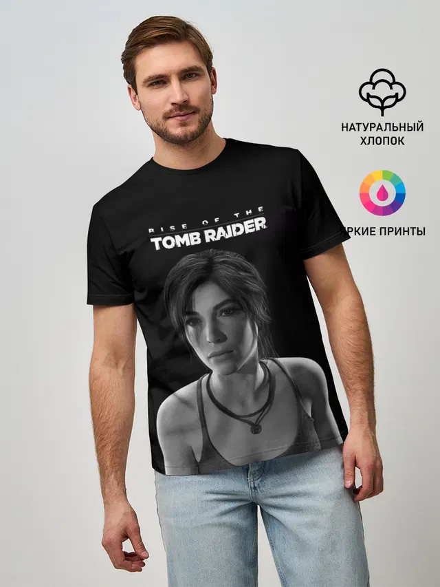 Мужская базовая футболка с принтом «Lara Croft — Rise if The Tomb Raider»