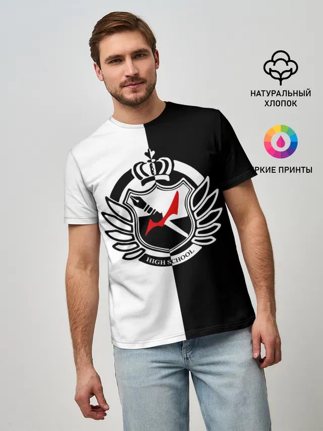 Мужская базовая футболка с принтом «MONOKUMA SCHOOL с фоном»