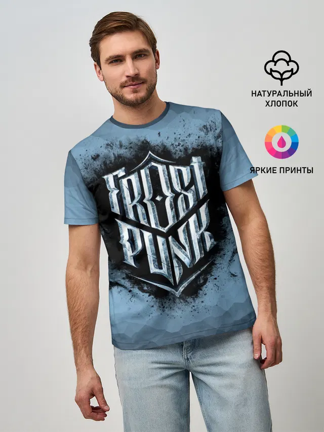 Мужская базовая футболка с принтом «Frostpunk — Frostpunk Logo»