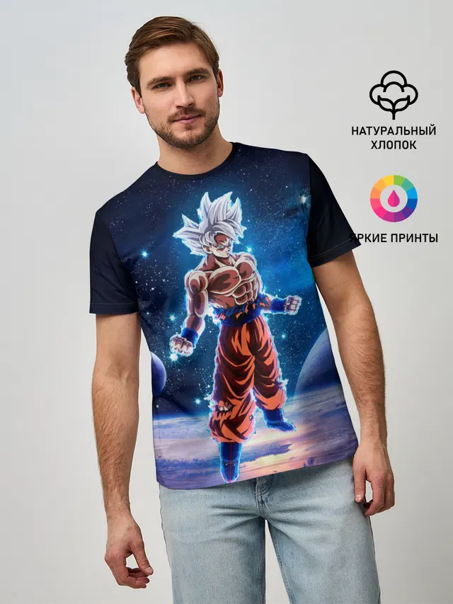 Мужская базовая футболка с принтом «Goku on a planet»