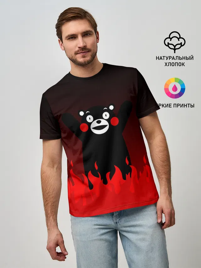 Мужская базовая футболка с принтом «Кумамон — Kumamon горит»