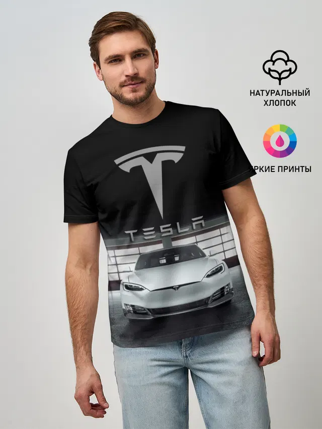 Мужская базовая футболка с принтом «Разные автомобильные — TESLA»