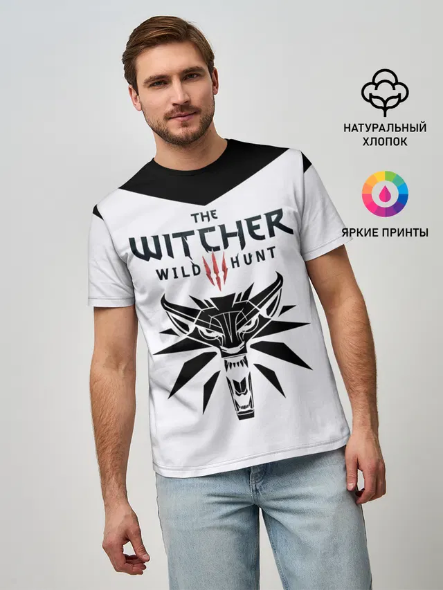 Мужская базовая футболка с принтом «Wolf School Medallion — THE WITCHER 3: WILD HUNT»