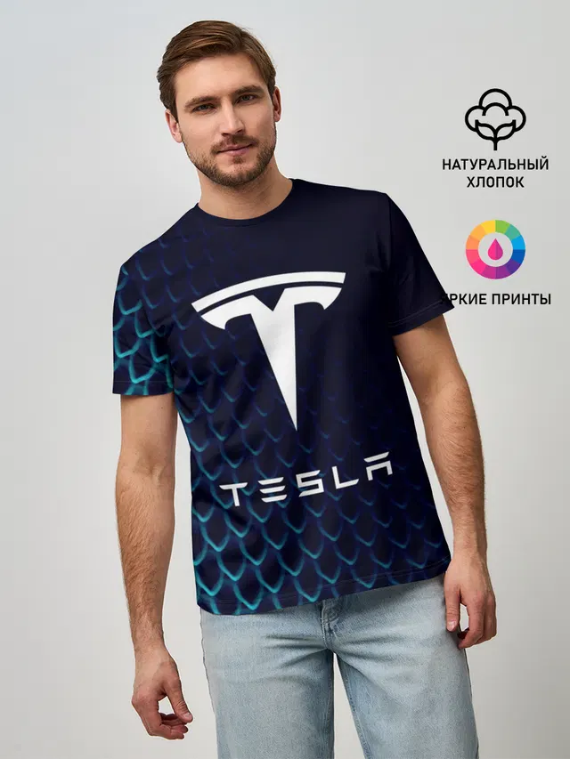 Мужская базовая футболка с принтом «Разные автомобильные — Tesla Motors»