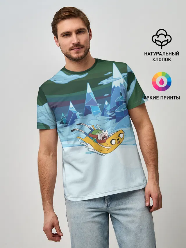 Мужская базовая футболка с принтом «Время приключений — Finn on Jake»