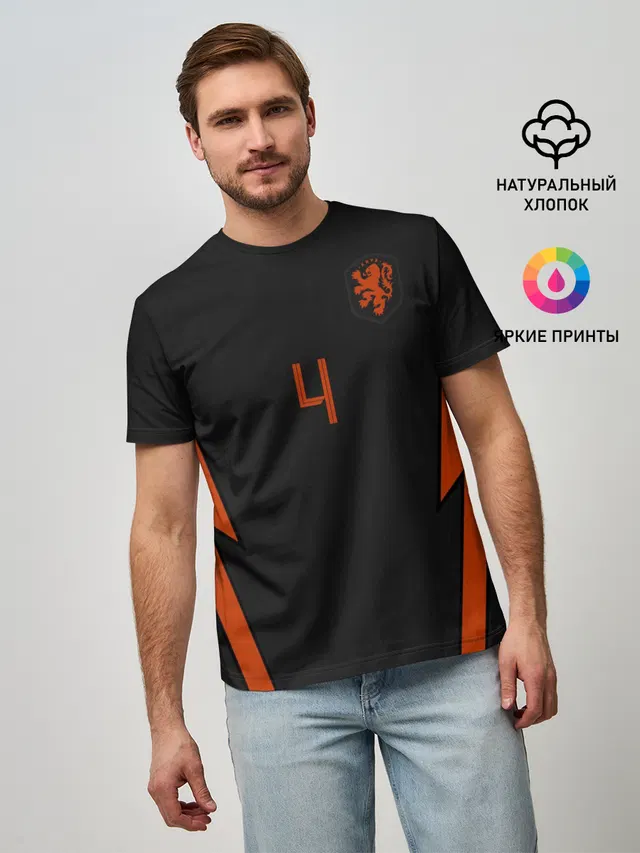 Мужская базовая футболка с принтом «Футбол — Van Dijk away EURO 2020»