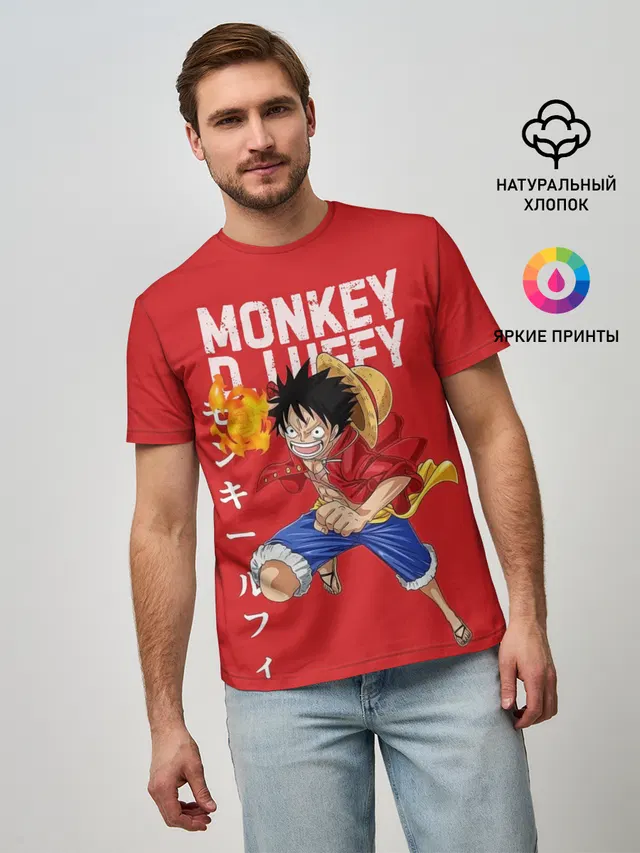 Мужская базовая футболка с принтом «Ван Пис — Monkey D. Luffy на красном»