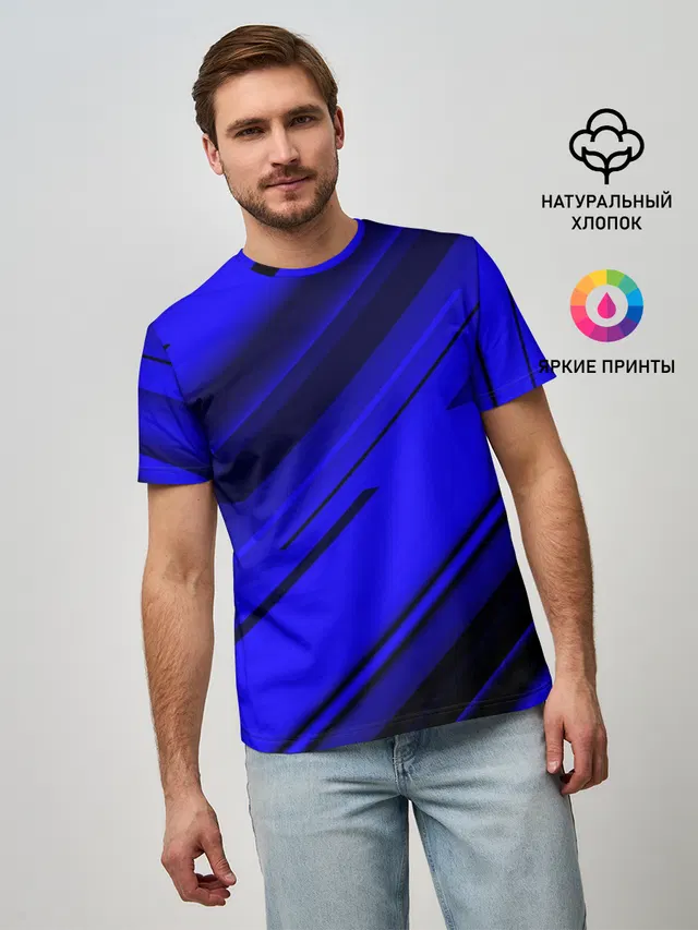 Мужская базовая футболка с принтом «Blue and — Blue and Black»