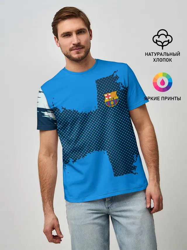 Мужская базовая футболка с принтом «Барселона — BARCELONA SPORT BLUE»