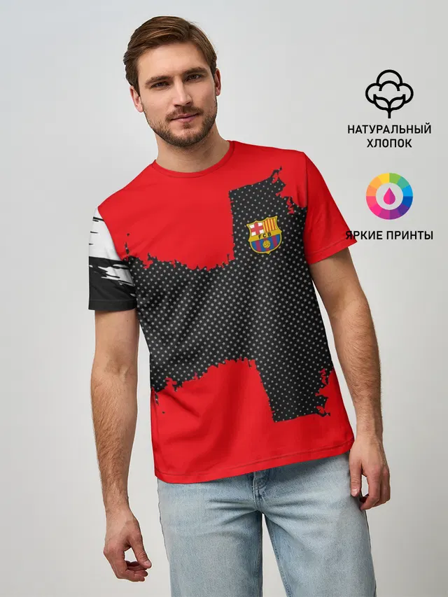 Мужская базовая футболка с принтом «Барселона — BARCELONA SPORT RED»