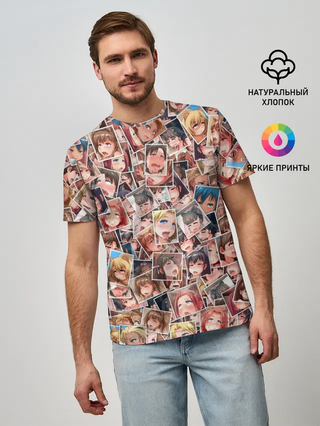 Мужская базовая футболка с принтом «Ahegao faces fhoto»
