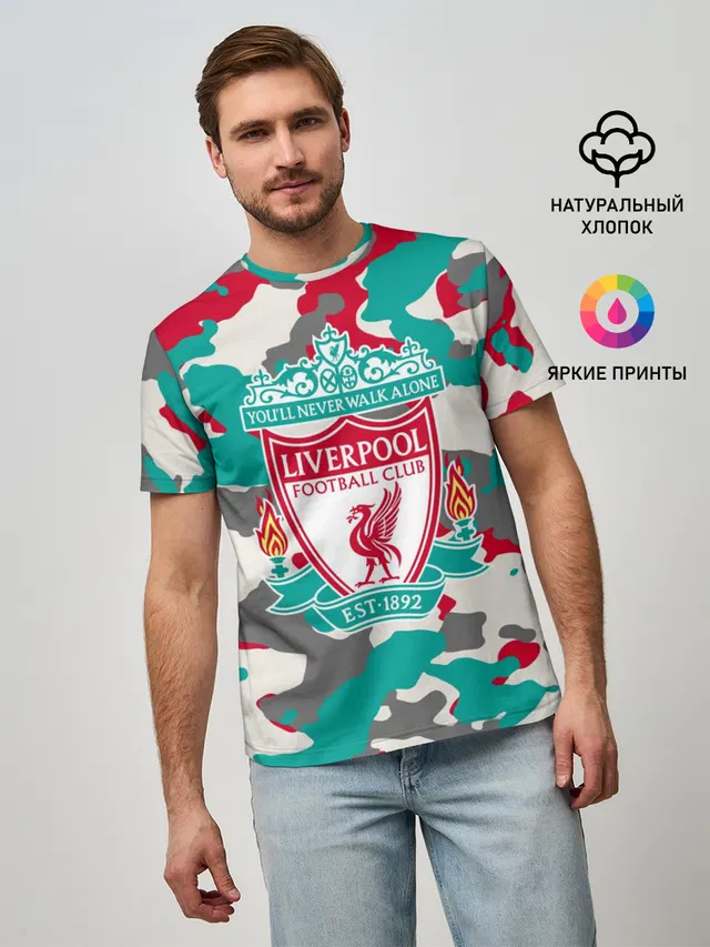 Мужская базовая футболка с принтом «Camouflage — FC Liverpool»