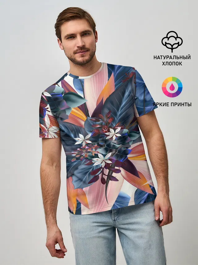 Мужская базовая футболка с принтом «Цветы — Flower collection»