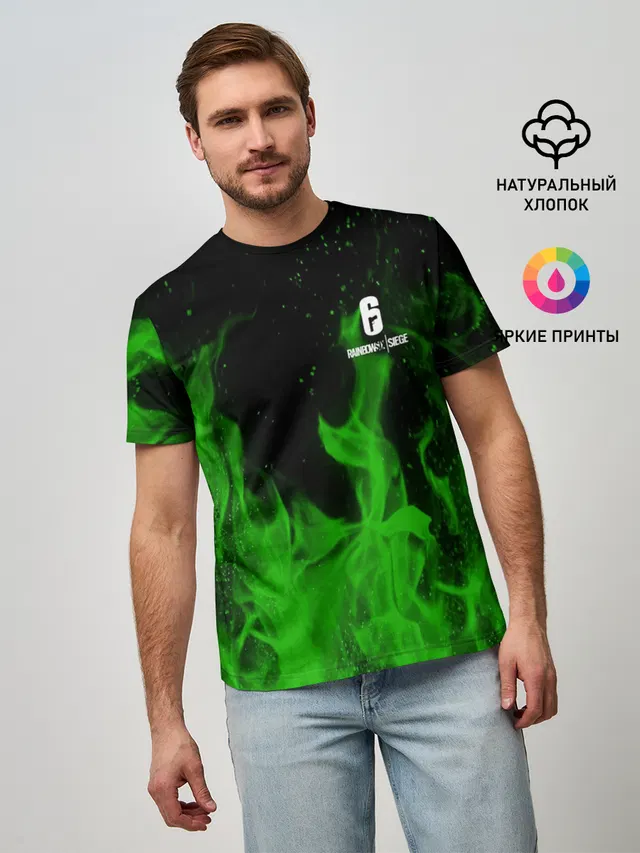 Мужская базовая футболка с принтом «Green fire»
