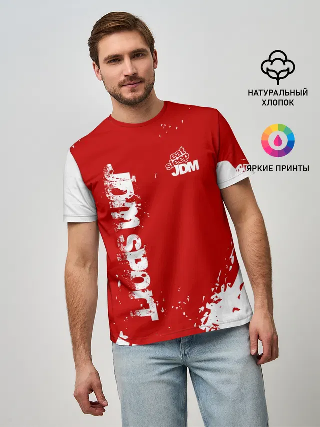 Мужская базовая футболка с принтом «Red brushstroke — JDM SPORT»