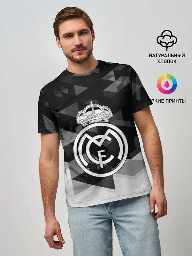 Мужская базовая футболка с принтом «Реал Мадрид — FC Real Madrid sport geometry»