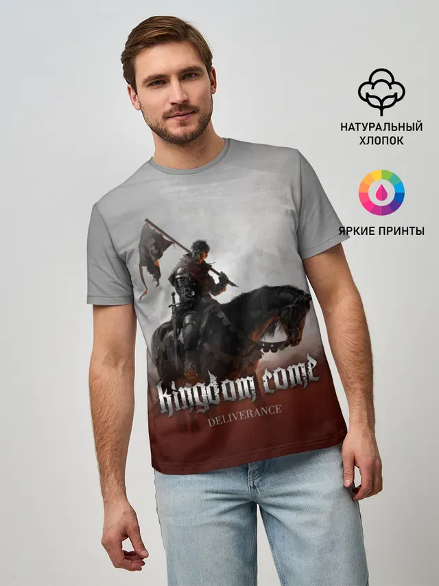 Мужская базовая футболка с принтом «Kingdom Come: Deliverance — Рыцарь на коне»