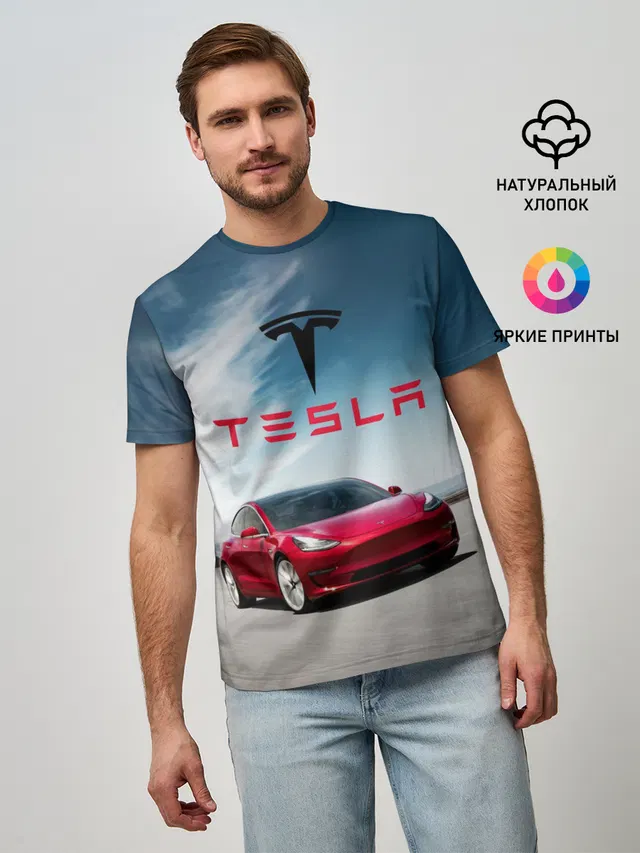 Мужская базовая футболка с принтом «Tesla — Tesla Model 3»