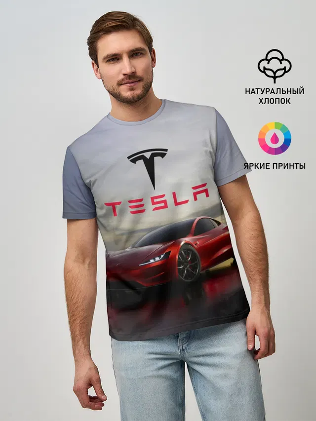 Мужская базовая футболка с принтом «Tesla — Tesla Roadster»