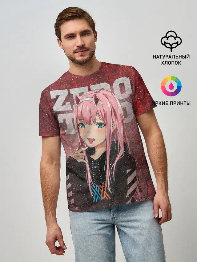 Мужская базовая футболка с принтом «Darling in the FranXX — Zero Two в толстовке»