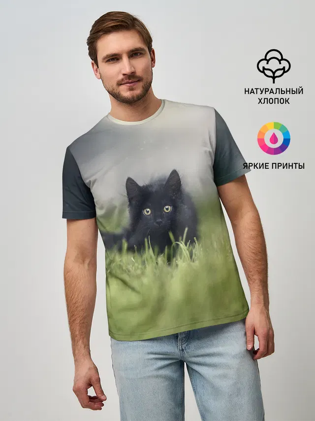 черный кот на лугу