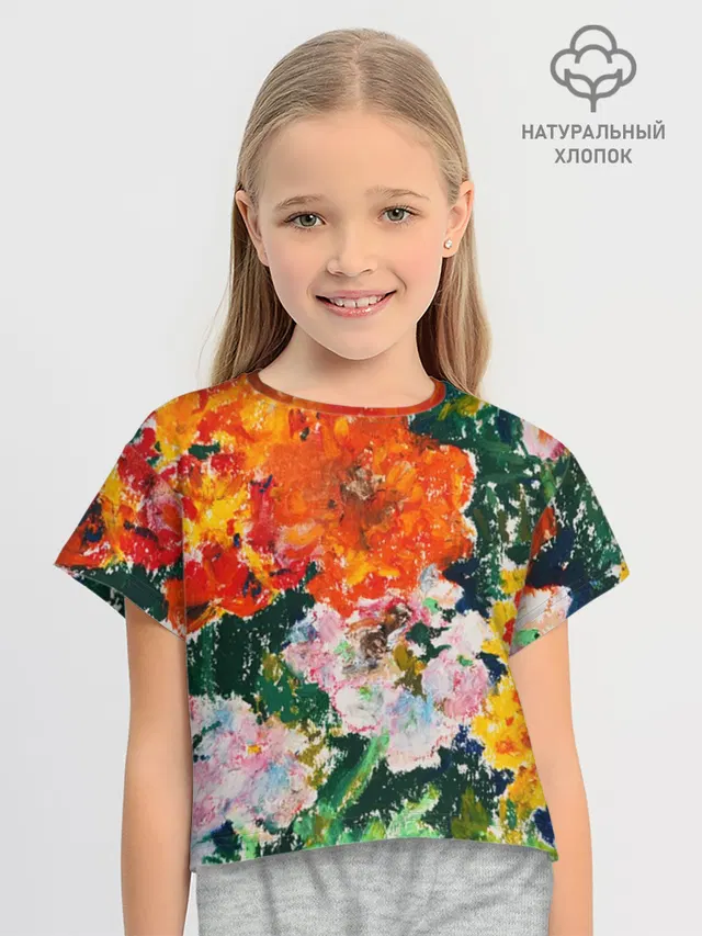 Футболка для девочки укороченная оверсайз с принтом «Orange flowers»