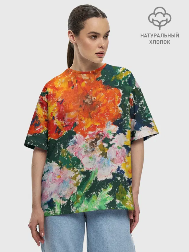 Футболка женская оверсайз с принтом «Orange flowers»