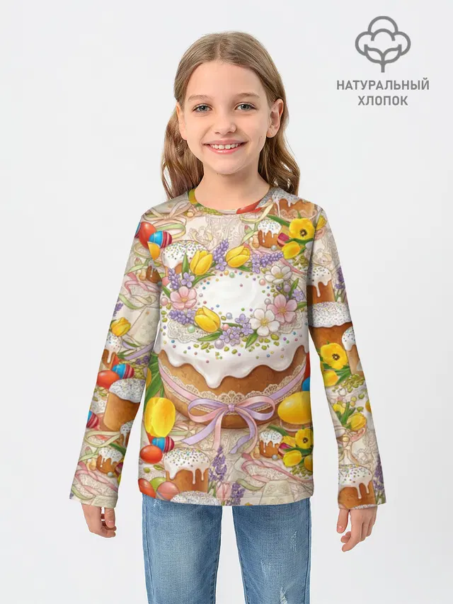 Лонгслив детский с принтом «Пасхальный Кулич Couture — Цветочная Выпечка Эстетика»