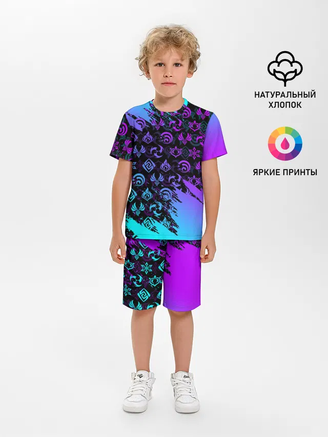 Детская пижама с шортами с принтом «Геншин Импакт — GENSHIN NEON PATTERN SYMBOL — НЕОН ЭМБЛЕМЫ»