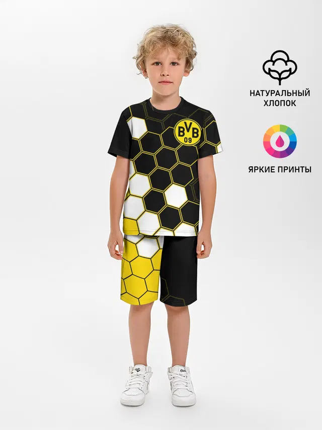 Детская пижама с шортами с принтом «Hexagon pattern — ФК БОРУССИЯ — FC BORUSSIA»