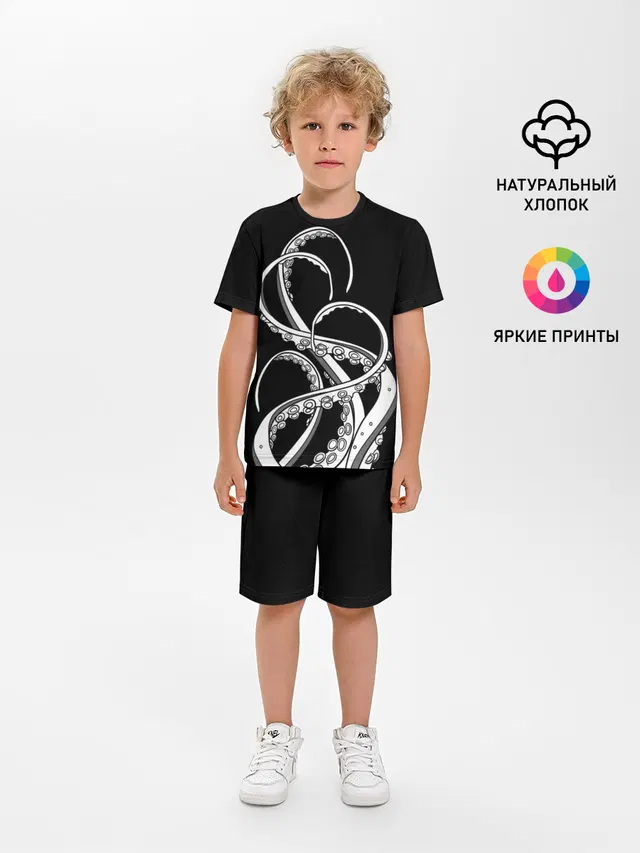 Детская пижама с шортами с принтом «Рыбы — Octopus Black and White»