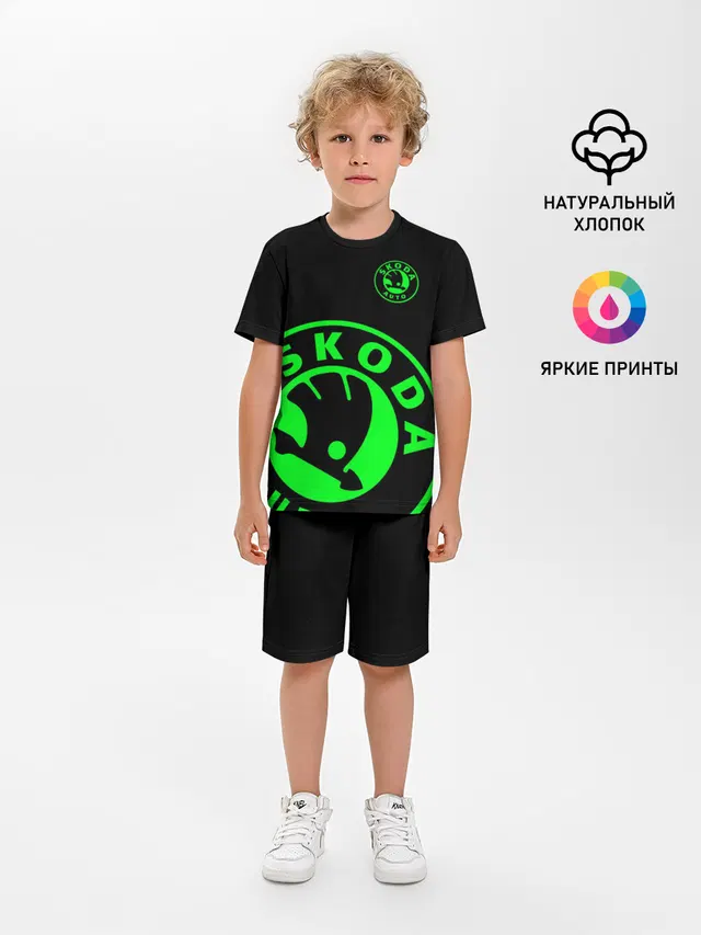Детская пижама с шортами с принтом «Skoda — SKODA GREEN LOGO BLACK STYLE»
