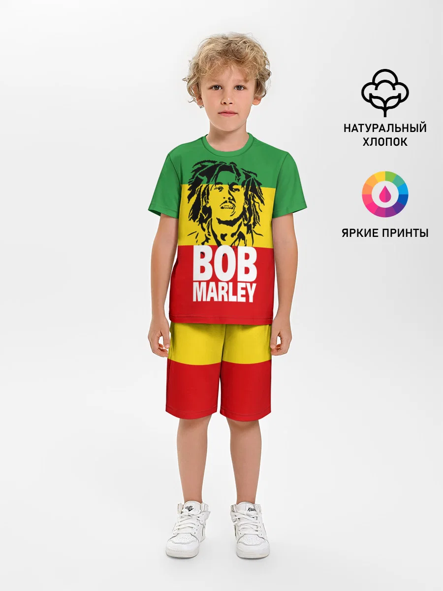 Хлопковая детская пижама с шортами «Bob Marley» — мерч купить — принт крупно