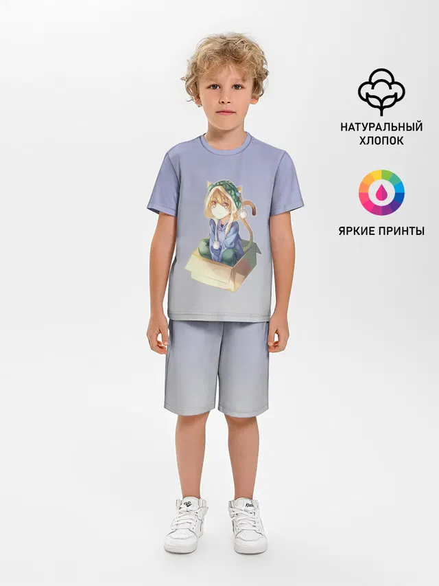 Детская пижама с шортами с принтом «Anime boy — мальчик кот в коробке уши мяу»