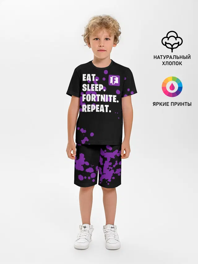 Детская пижама с шортами с принтом «Eat Sleep Fortnite Repeat»