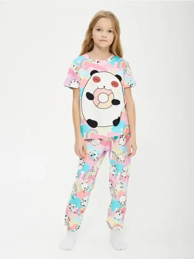 Детская пижама с брюками хлопок с принтом «Panda Pink Blue»