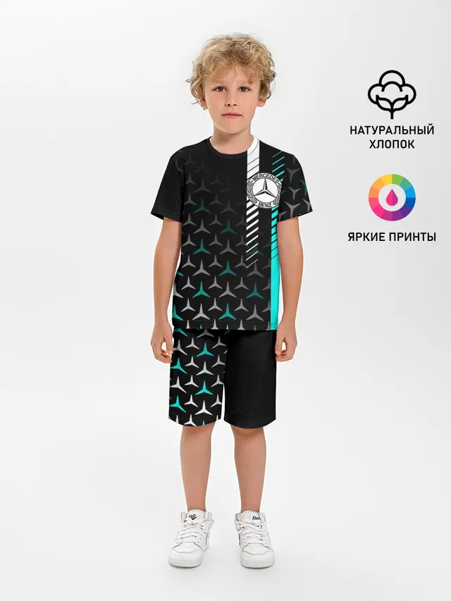 Детская пижама с шортами с принтом «Merсedes — МЕРСЕДЕС — AQUA BLACK GRADIENT»