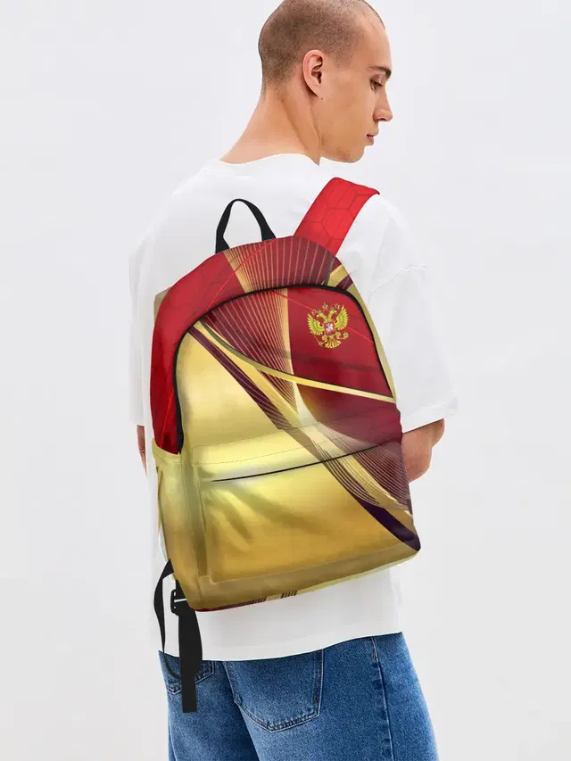 Джинсовый рюкзак с принтом «Патриотизм — RUSSIA SPORT: Red and Gold.»