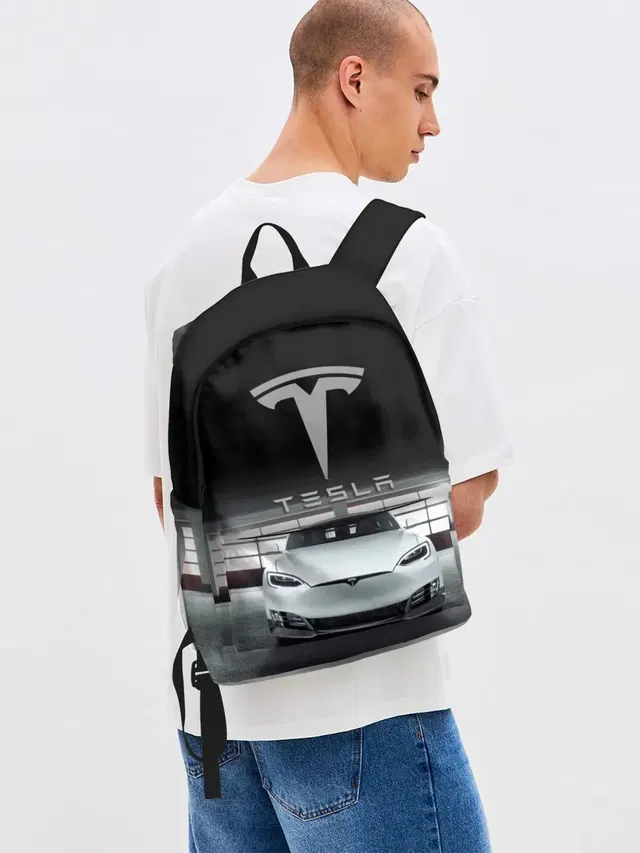 Джинсовый рюкзак с принтом «Разные автомобильные — TESLA»