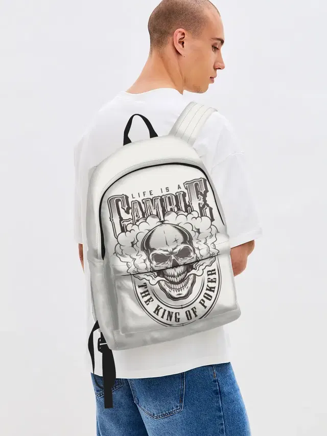 Джинсовый рюкзак с принтом «human skull — Life is a camble the king of p»