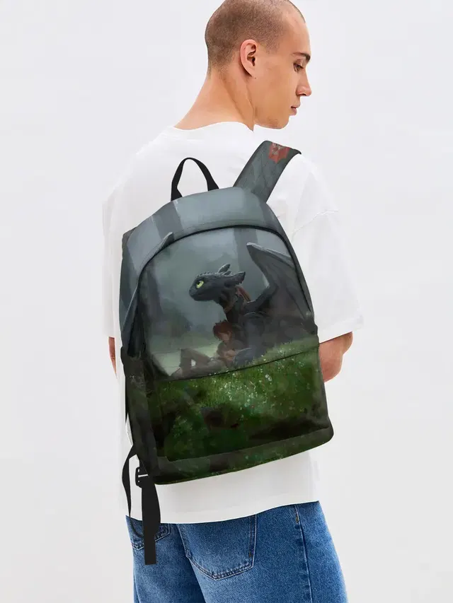 Джинсовый рюкзак с принтом «Как приручить дракона — Верные друзья»
