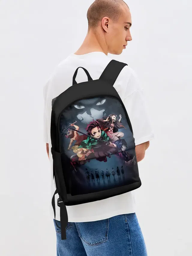 Джинсовый рюкзак с принтом «Tanjiro Kamado — Kimetsu no Yaiba на черном»