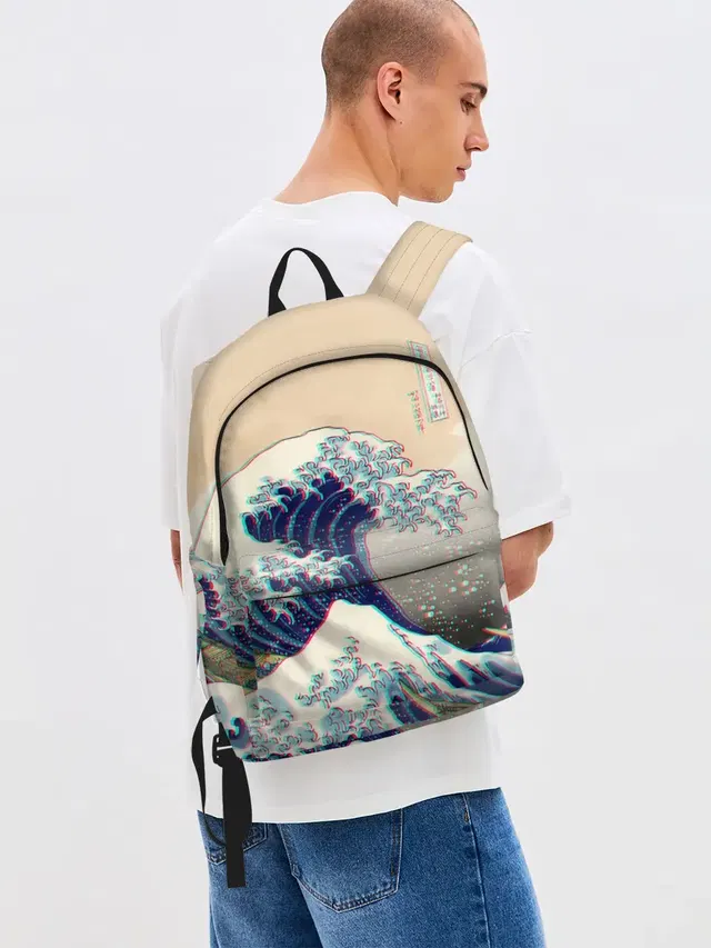 Джинсовый рюкзак с принтом «Vaporwave — Kanagawa Wave Glitch Art»