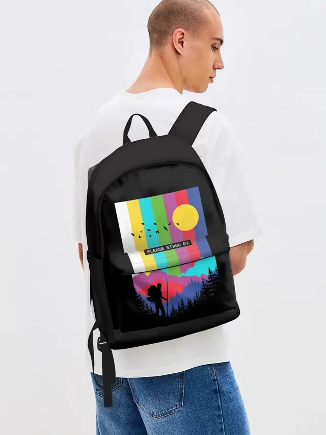 Джинсовый рюкзак с принтом «Pop Art — ПОЖАЛУЙСТА, ПОДОЖДИТЕ»