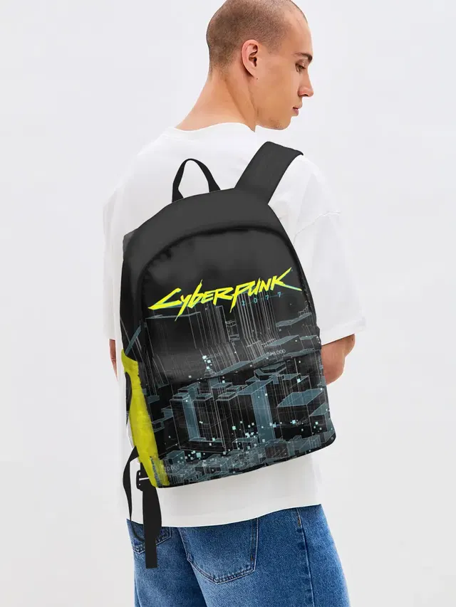 Джинсовый рюкзак с принтом «Cyberpunk 2077 — Город CYBERPUNK 2077»
